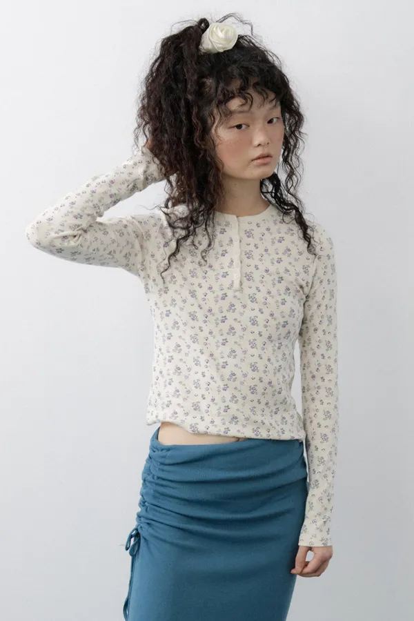 Tiny Floral Henley Top (Cream)
