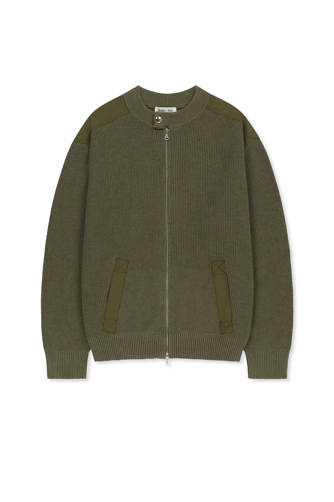 마뗑킴 PATCH DETAIL KNIT ZIP UP FOR MEN IN KHAKI 상품 이미지 1