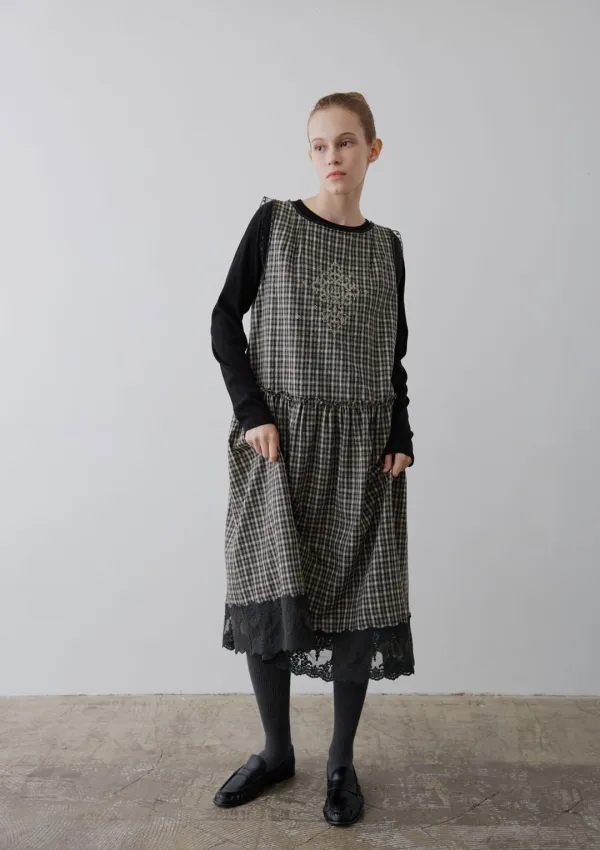 Mused Boho Lace Dress - Charcoal Check