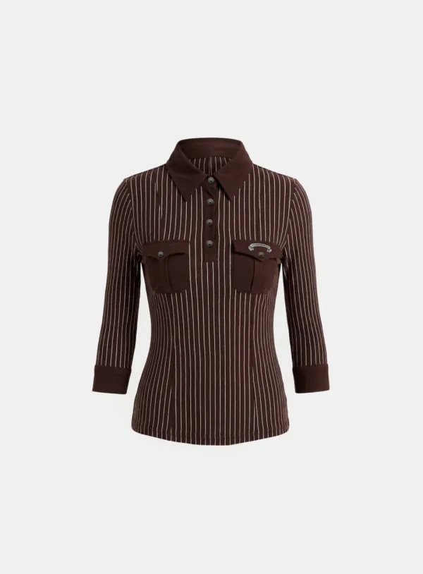 [w-tee26-107] Vintage Jersey Polo 3/4 Sleeve Shirt - Brown Stripe