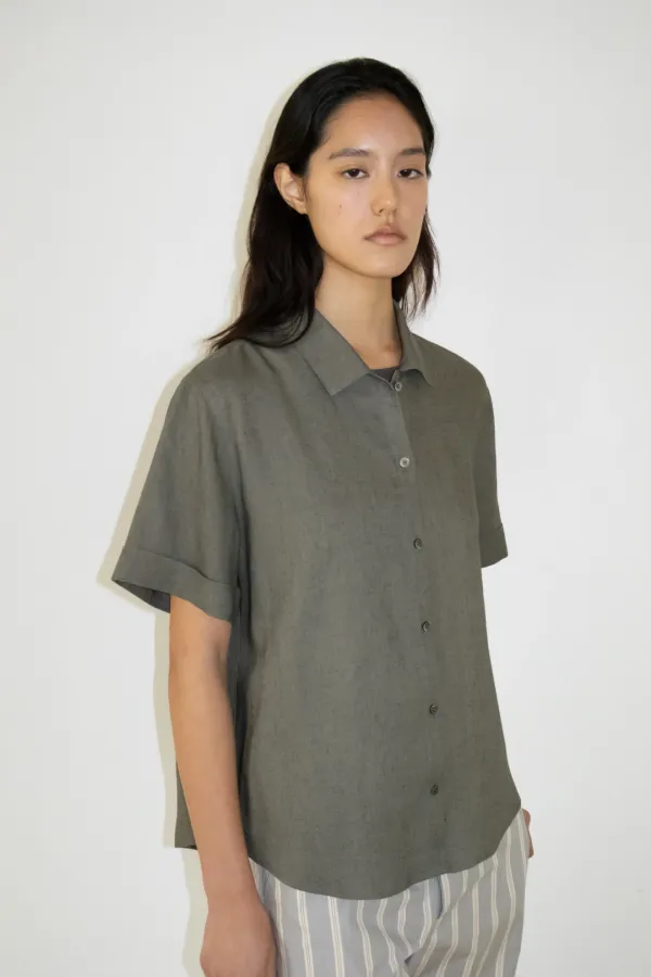 Linen Half Collar Shirt (Khaki)