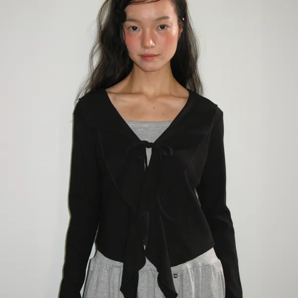 PENDANT SAILOR FRILL EYELET CARDIGAN BLACK