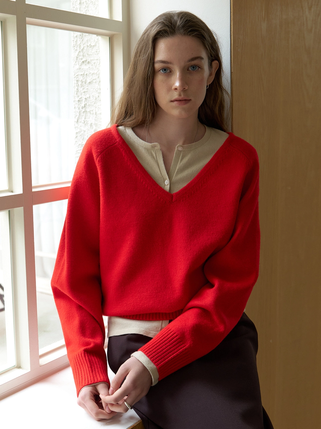 어몽 A V-NECK OVERSIZED MUFFLER KNIT SET_RED 상품 이미지 1