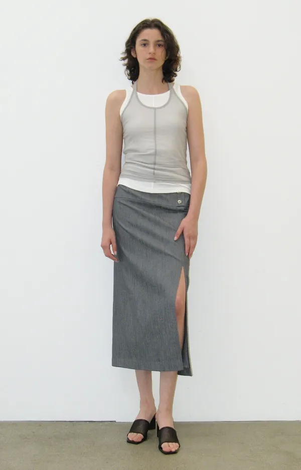 BELTED LONG SKIRT, INDIGO GRAY