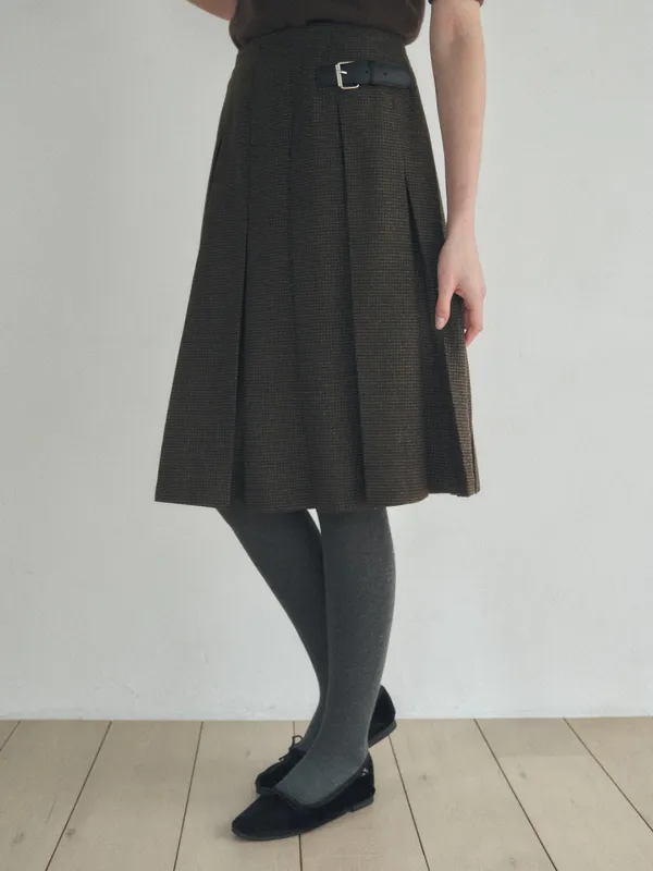 Belt-Detail Pleated Midi Skirt_Check
