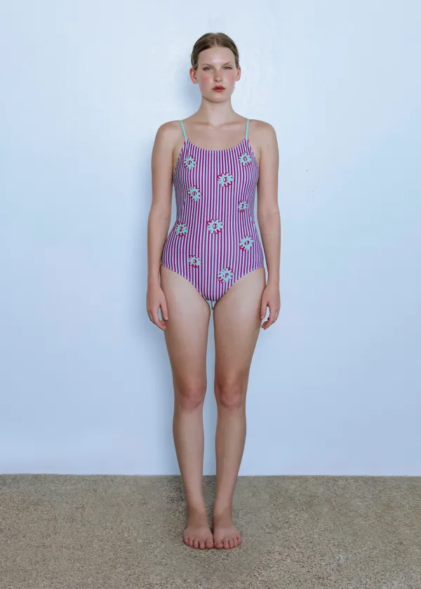 Flower Stripe One-Piece Swimsuit_Plum