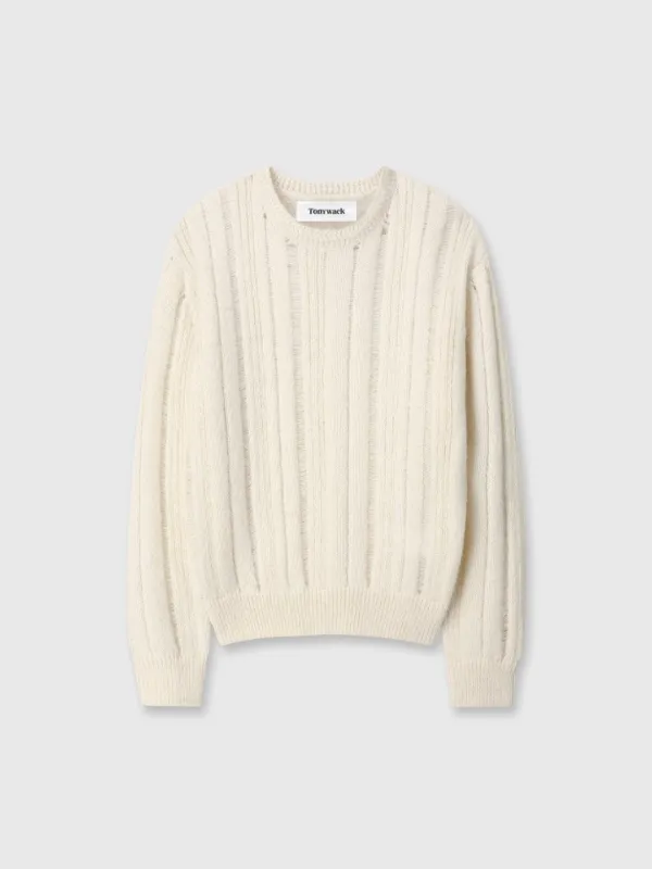 (W) KID MOHAIR DISTRESSED RIBBED SWEATER_ ECRU