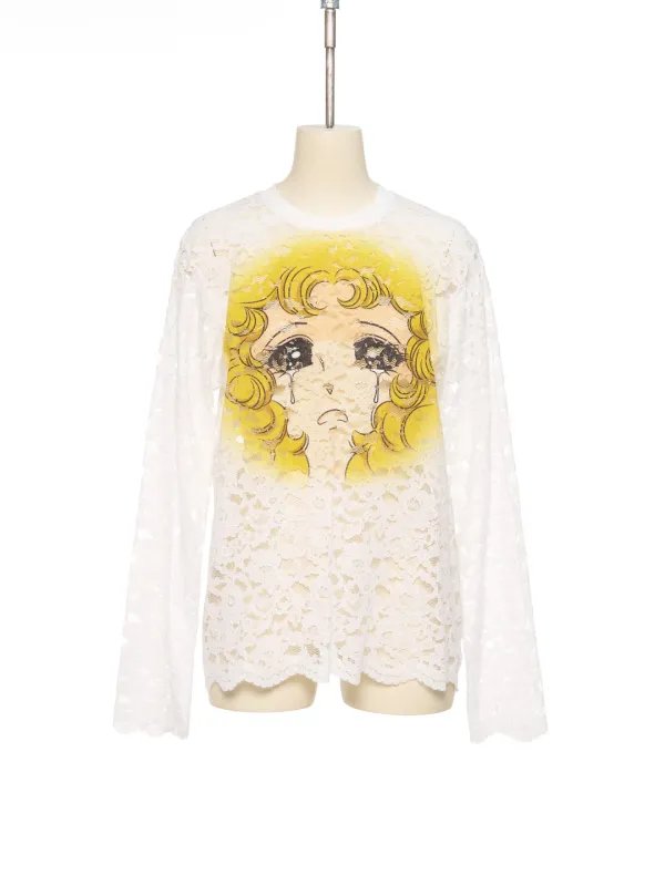 SS26 WHITE CRYING GIRL PRINTED LACE TOP