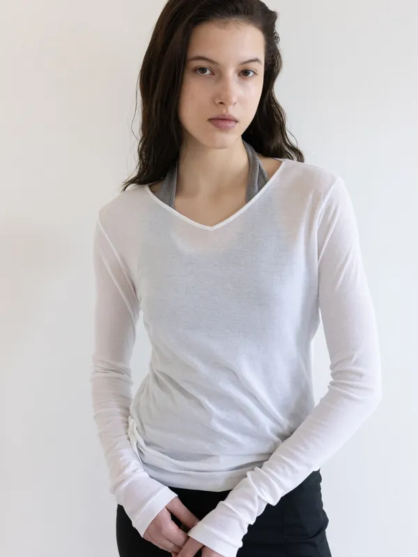 V-NECK HIGH GAUGE LONGSLEEVE TOP [WHITE, NAVY]