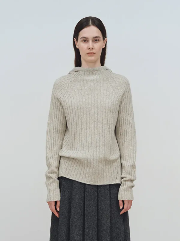 TFW WOOL HOODED RIBBED KNIT TOP_GREY