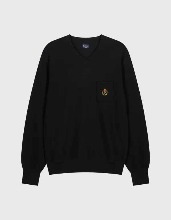 CREST MERINO WOOL V-NECK / Black