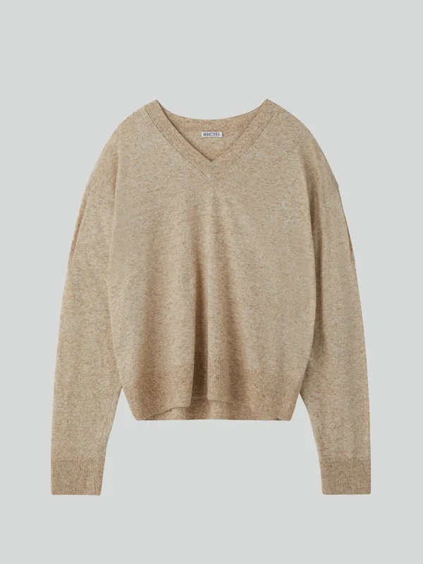 MELANGE V-NECK LOOSE KNIT TOP (OATMEAL)