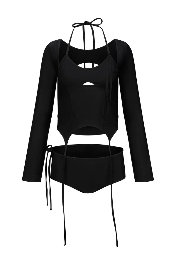 3-PIECE GARTER SWIM SUIT BLACK