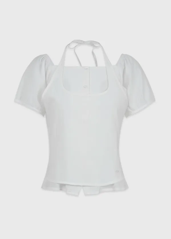  [44-120]  Engratia Halter-neck Layered One-wear Blouse  엔그라티아 홀터넥 레이어드 원웨어 블라우스 (여름-여름하객룩-하객룩-격식룩-출근룩-데이트룩-페미닌-러블리-홀터넥-여름블라우스-반팔블라우스-오프숄더-원웨어