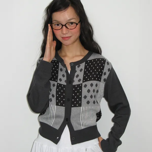 DOT STRIPE MIX KNIT CARDIGAN DARK GREY