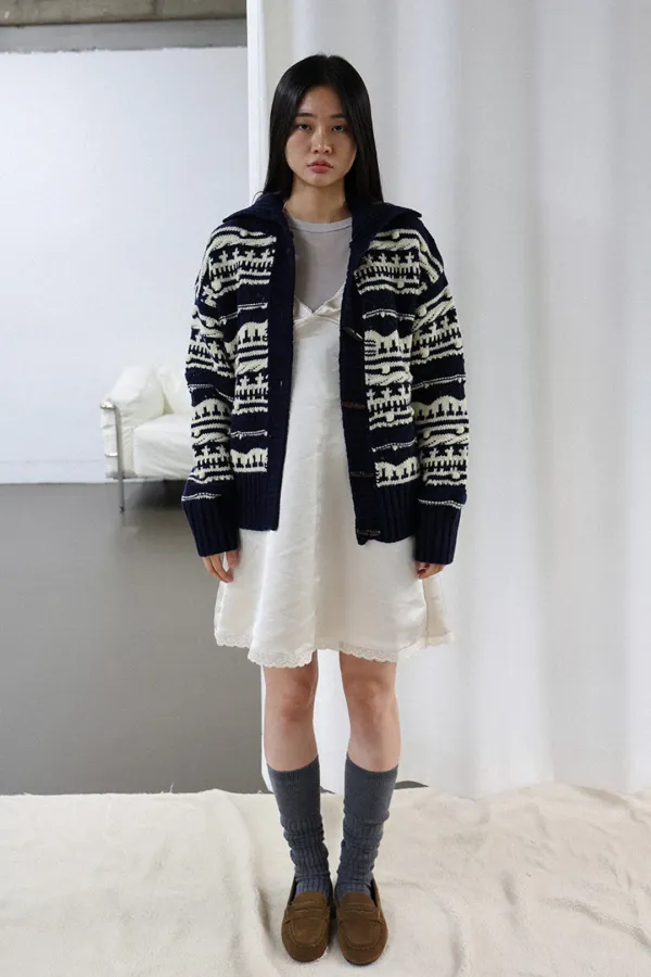 Chunky Collar Box Fit Cardigan_navy