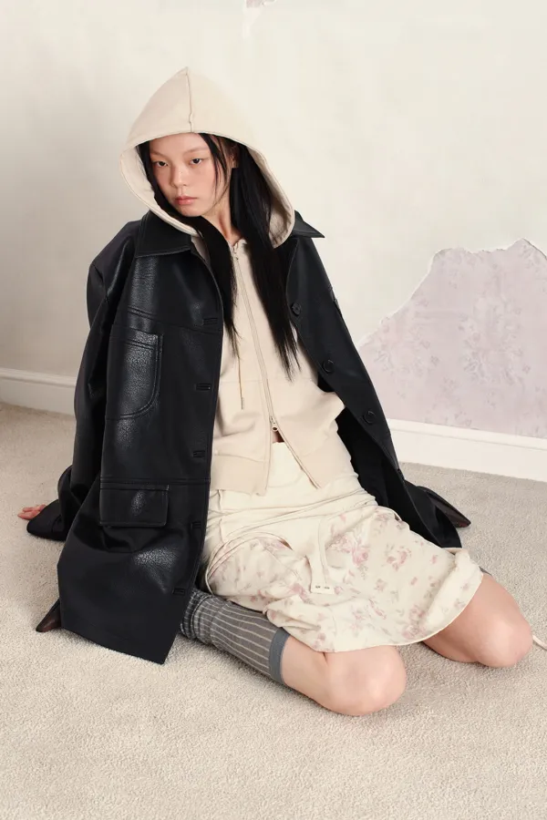 FAUX LEATHER CAR COAT, BLACK