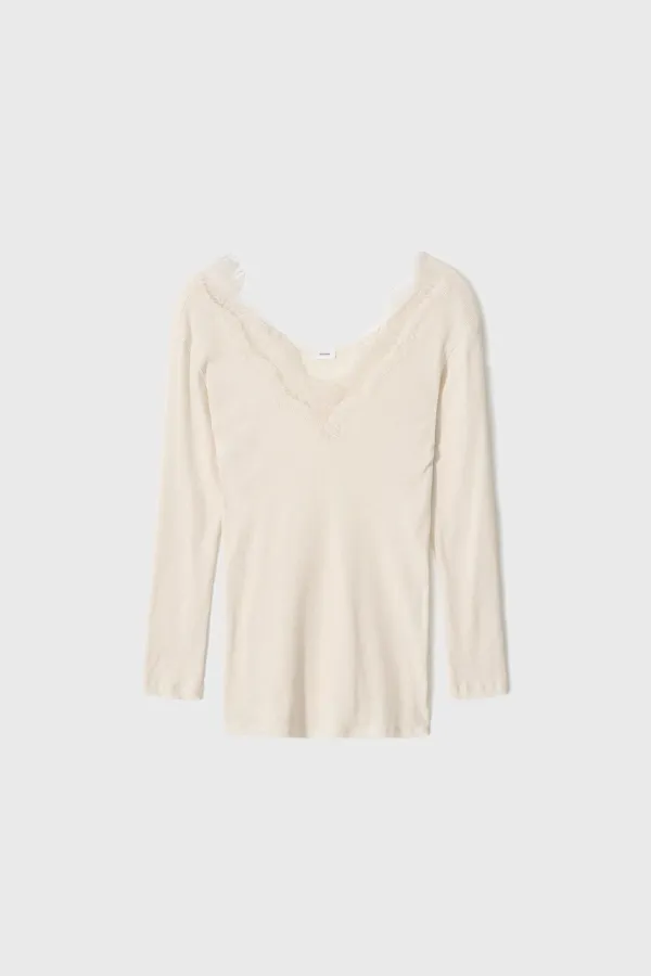 Lace Trimmed Rib T-Shirt (White / Ivory / Black)