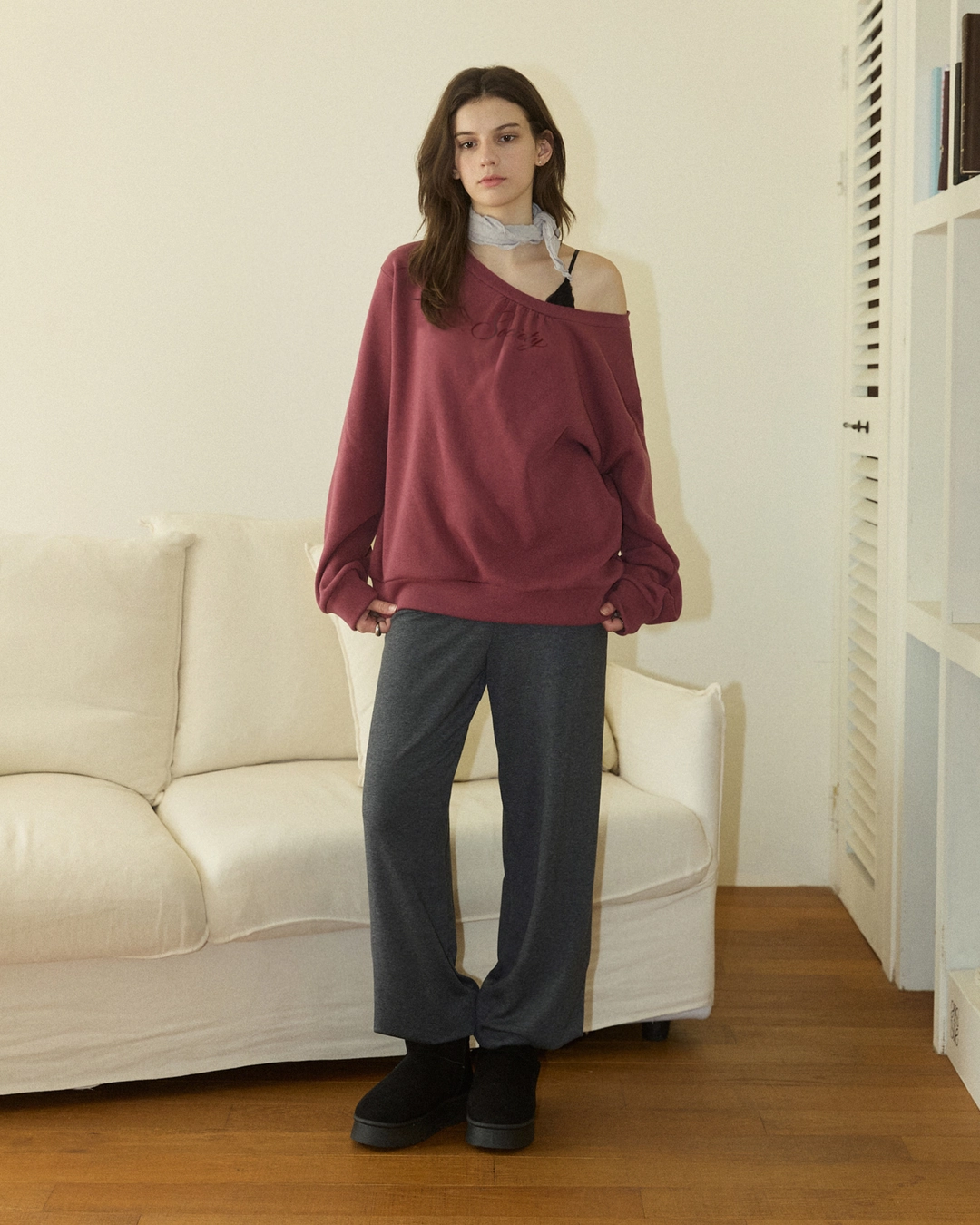 어다울 Drape layered long sleeve t shirt - redbean 상품 이미지 3