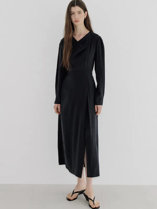 cowl-neck slit dress (navy) orc 6119