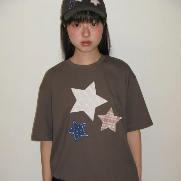 STAR PATCH MIXED APPLIQUE T SHIRT CHARCOAL