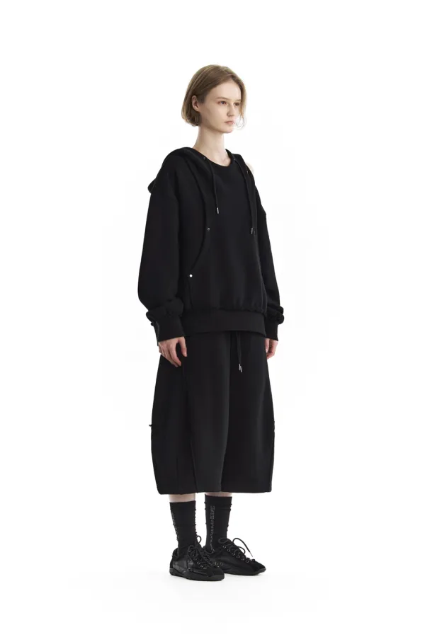 TMB One-Shoulder Raw Cut Set-Up Hoodie [ Black ]