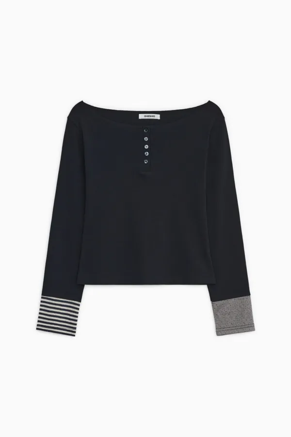 [10/6 SOON] COLOR BLOCK BUTTON LONG SLEEVE, NAVY