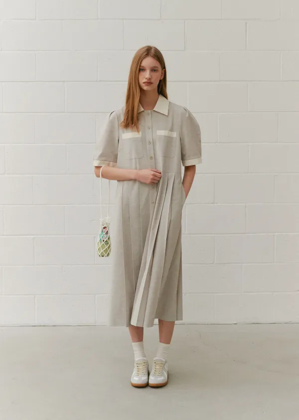 [5차 리오더] COLLAR COMBI PLEATS DRESS (natural green)