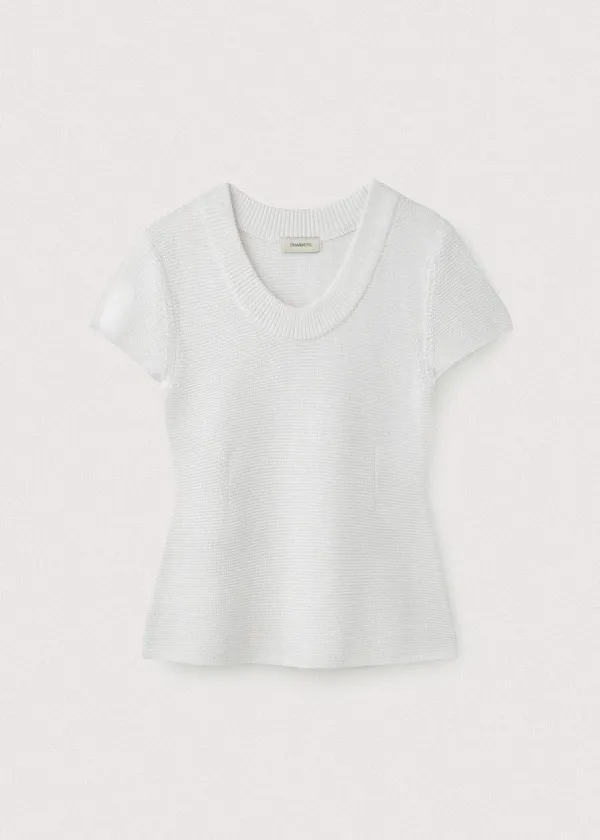 Korean paper yarn cap sleeve u neck pullover_White