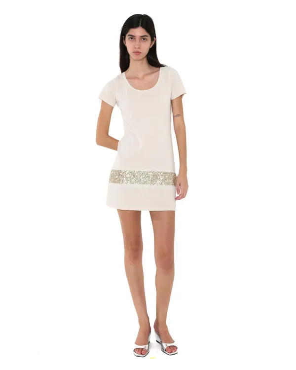 SEQUIN TRIM LONG TEE, IVORY
