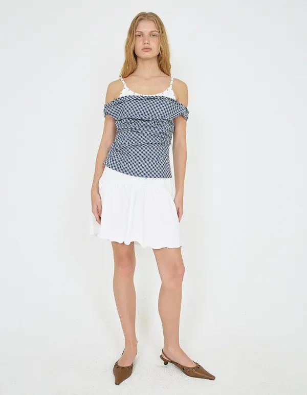 RUCHED CHECK OFF-SHOULDER TOP, BLUE