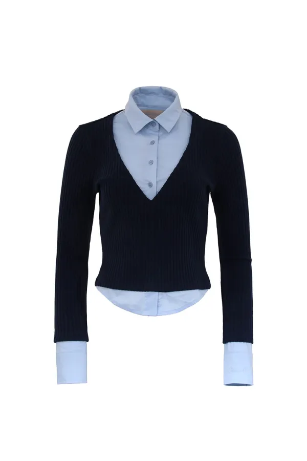 LAYERED V NECK KNIT SHIRTS SKY/NAVY