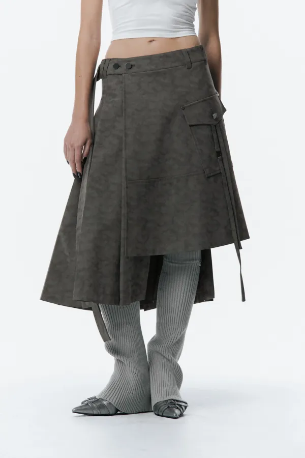 Pleated Leather Wrap Skirt [ Charcoal ]