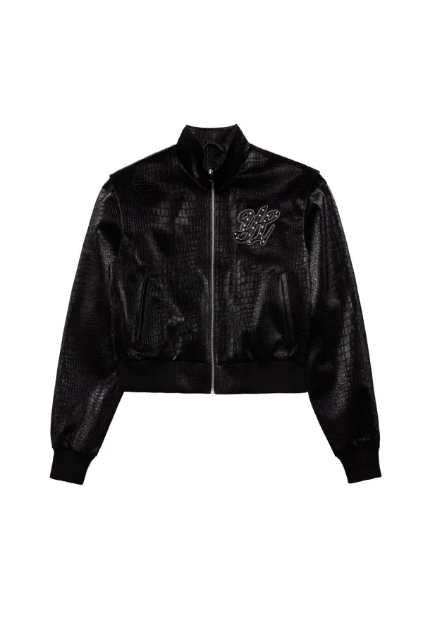 FAUX CROCODILE LEATHER WINGED JACKET BLACK