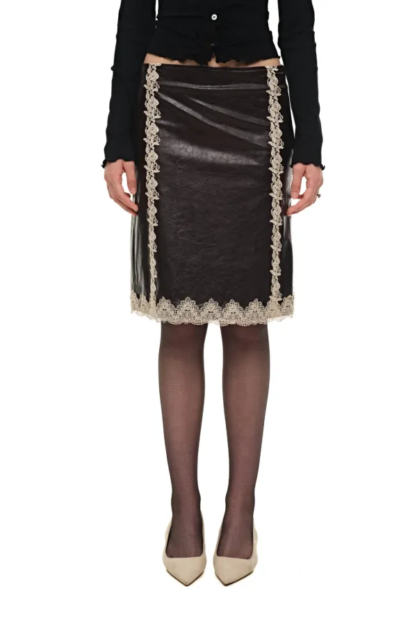 LACE POINT LEATHER MIDI SKIRT (BURGUNDY)