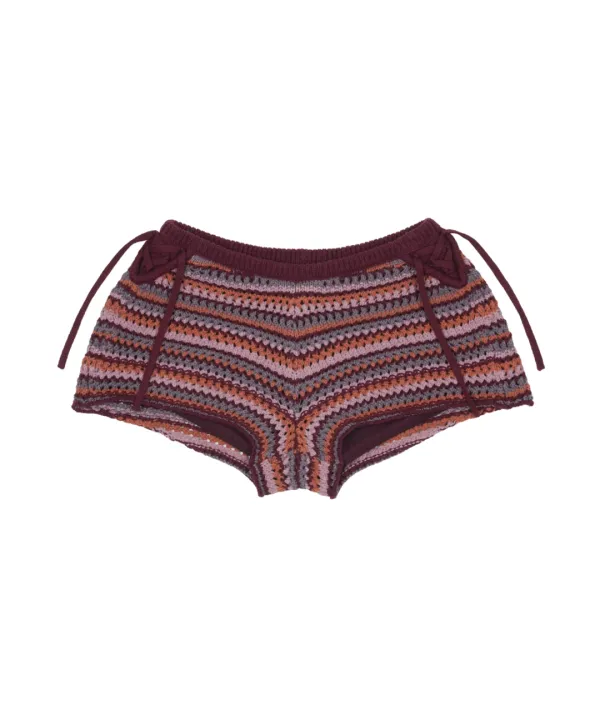 STRIPED CROCHET KNIT SHORTS WINE
