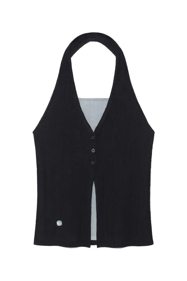 LAYERED BUTTON HALTER NECK TOP IN BLACK