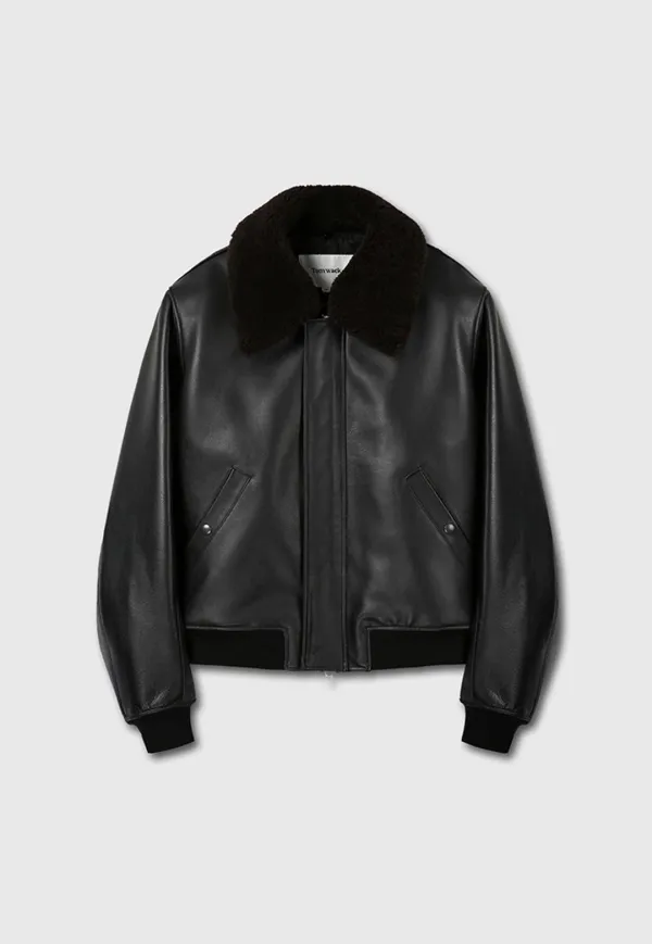 Shearling Collar Leather Bomber Jacket_ Black