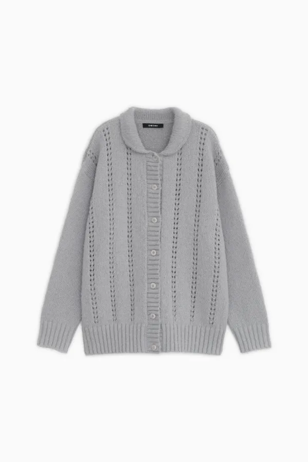 PUNCHING ROUND COLLAR CARDIGAN, LIGHT GRAY