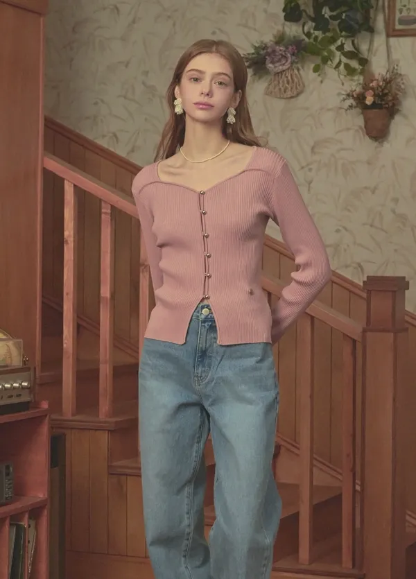 [44-120]  Bouquet Heart Neck Knit Pink  부케 하트넥 니트 핑크 (봄-가을-하객룩-데이트룩-격식룩-출근룩-오피스룩-데일리룩-하트넥-골지니트-페미닌-러블리-빅사이즈-자체제작)