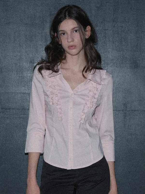 FRILL OPEN COLLAR SHIRT (PINK)