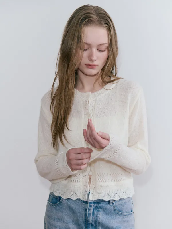 Alpaca Scallop Knit Cardigan, Ivory