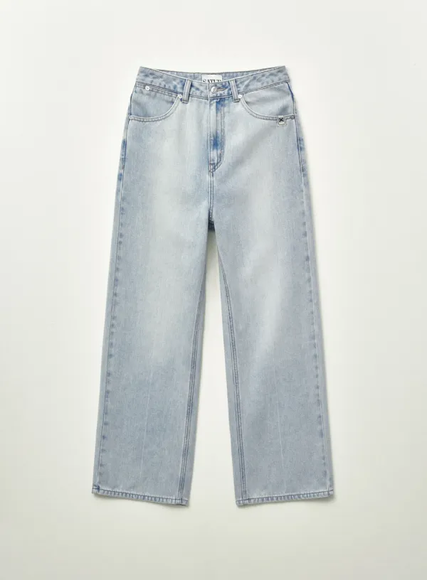 (W) Linen Relaxed Denim Pants - Light Blue