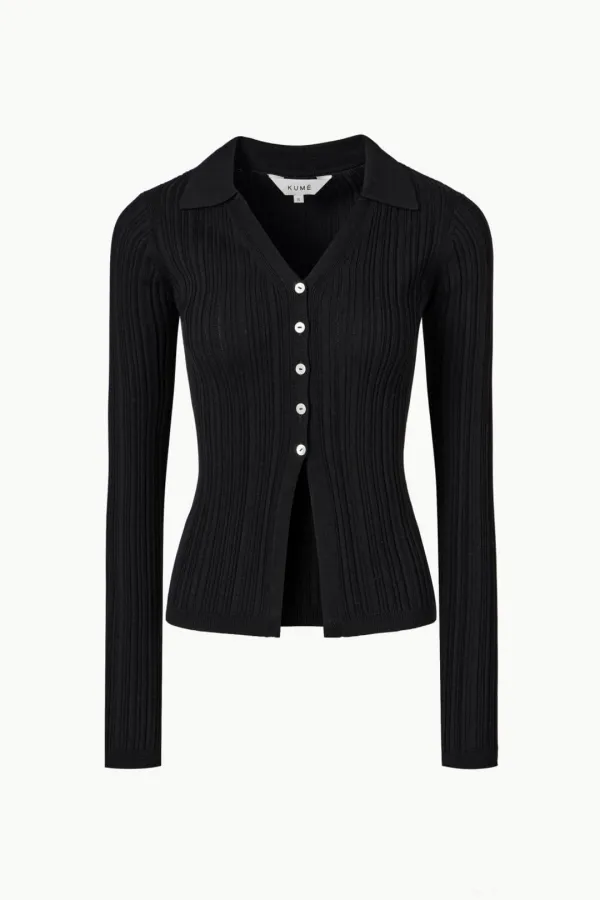 Ribbed Pleated Collared Cardigan, Black