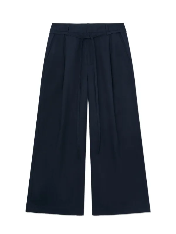 G BELTED LINEN WIDE PANTS (NAVY)