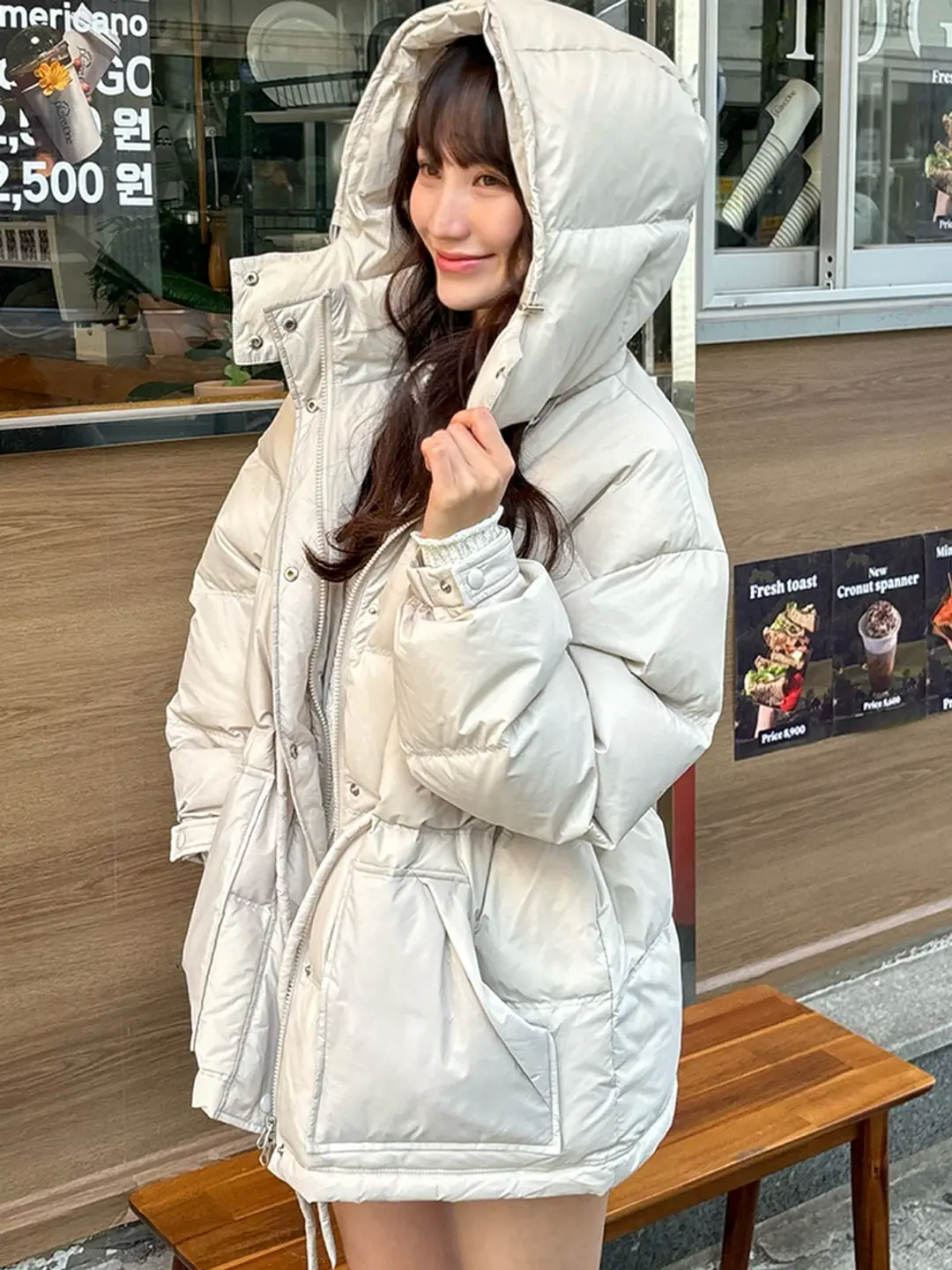 노운베러 Duck down hooded string padding jumper_Beige 상품 이미지 1