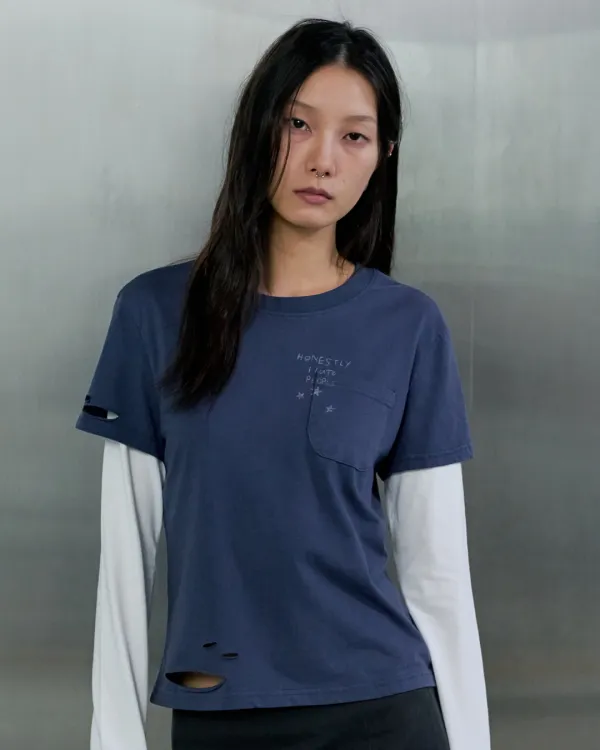 GRUNGE WASH LAYERED LONG SLEEVE - BLUE