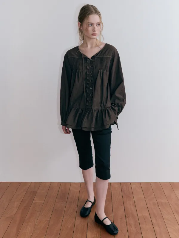 Pintuck String Frill Blouse, Brown