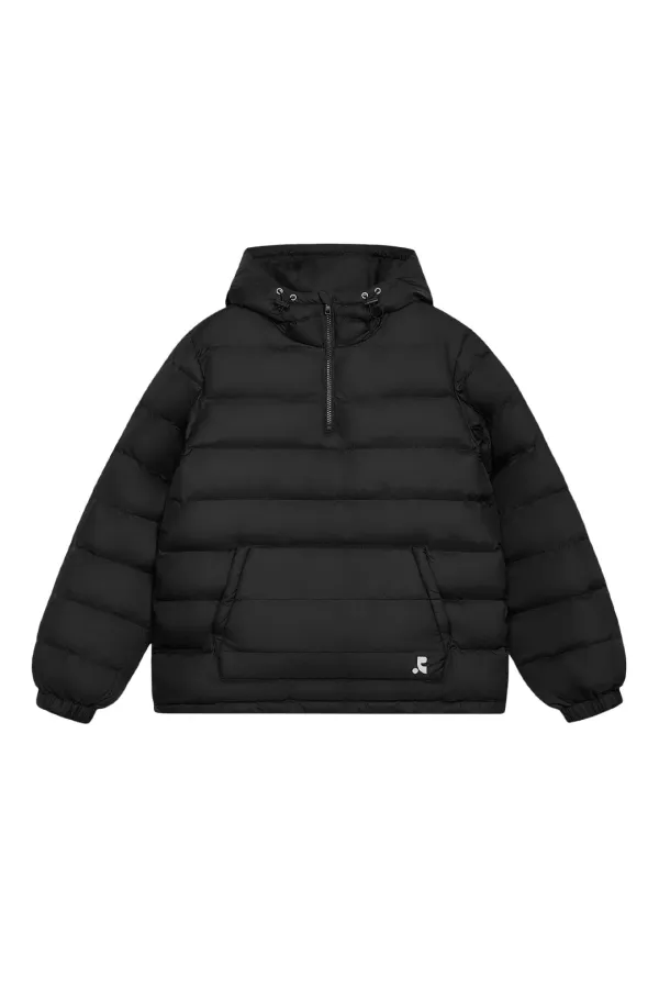 QUILTED HALF HOOD ZIP-UP - BLACK