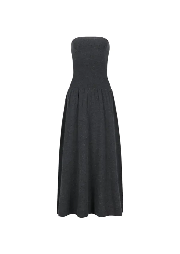 Ribbed shirring knit maxi dress, Charcoal